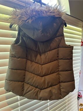 H&M Olive Green Puffer Vest with Faux Fur Hood